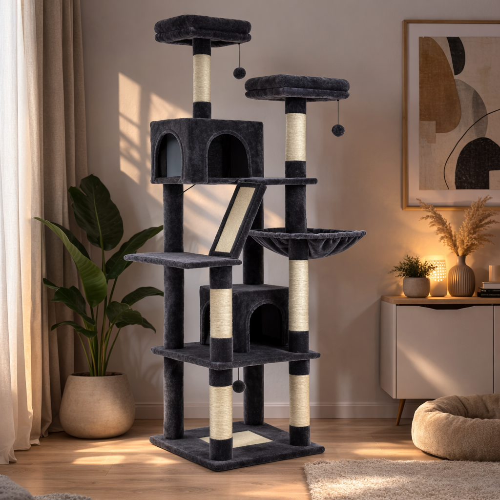 Arbre à chat multi-niveaux 180 cm avec niches, hamac et poteaux en sisal