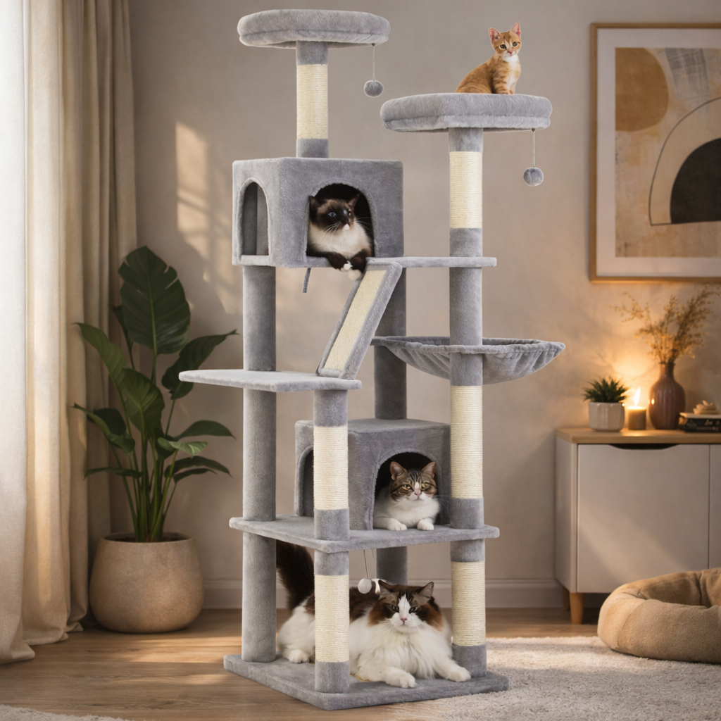 Arbre à chat multi-niveaux 180 cm avec niches, hamac et poteaux en sisal