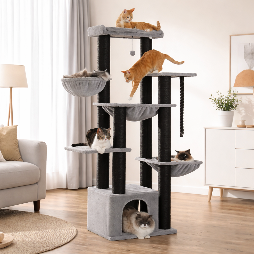 Arbre à chat multi-niveaux 170 cm avec niche, hamacs et poteaux en sisal