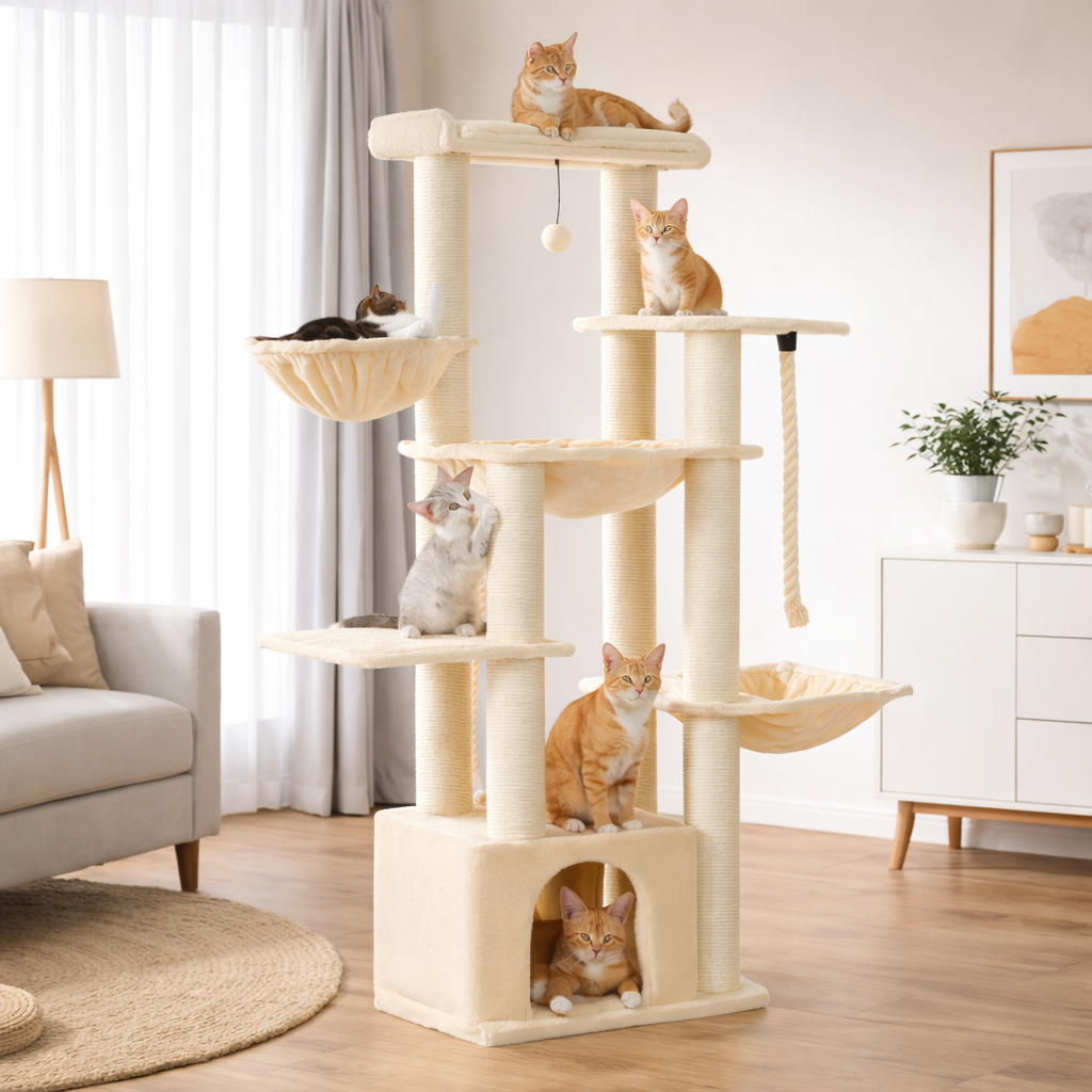 Arbre à chat multi-niveaux 170 cm avec niche, hamacs et poteaux en sisal