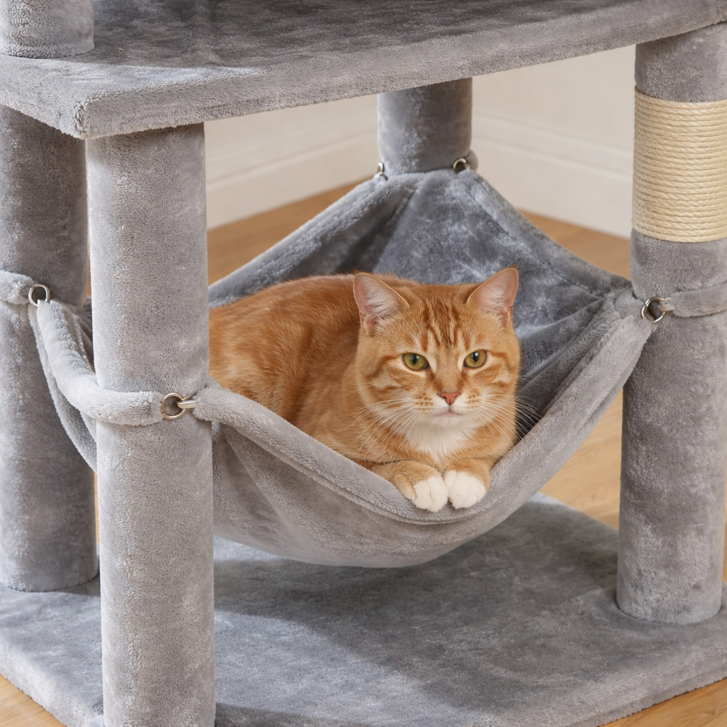 Arbre à chat 140 cm avec niche, hamac et poteaux en sisal