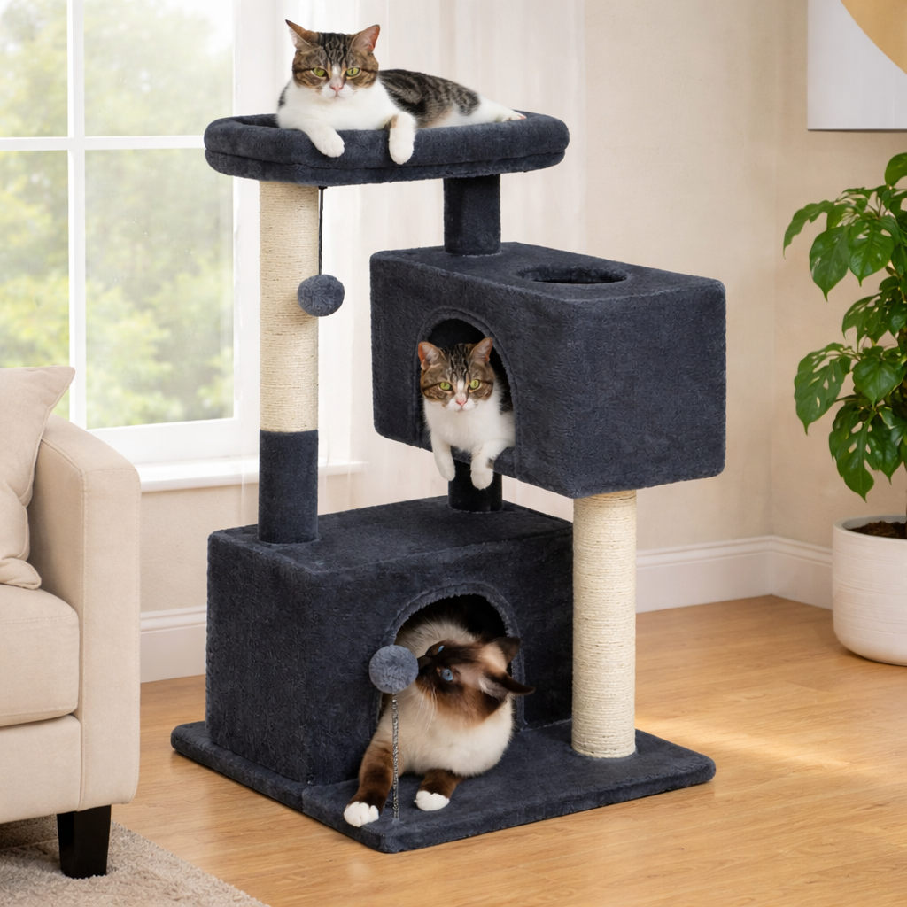 Arbre à chat 80 cm avec niche, plateforme et poteaux en sisal