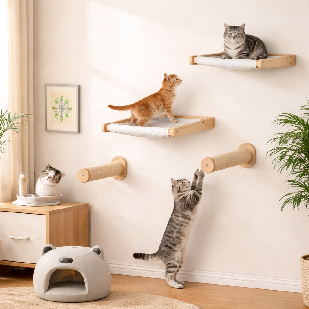 Parcours mural pour chat avec hamacs et poteaux en sisal