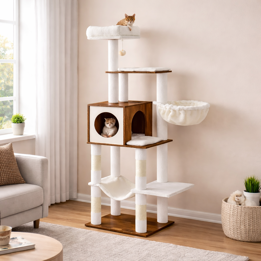 Arbre à chat multi-niveaux 165 cm avec niche, hamac et panier suspendu
