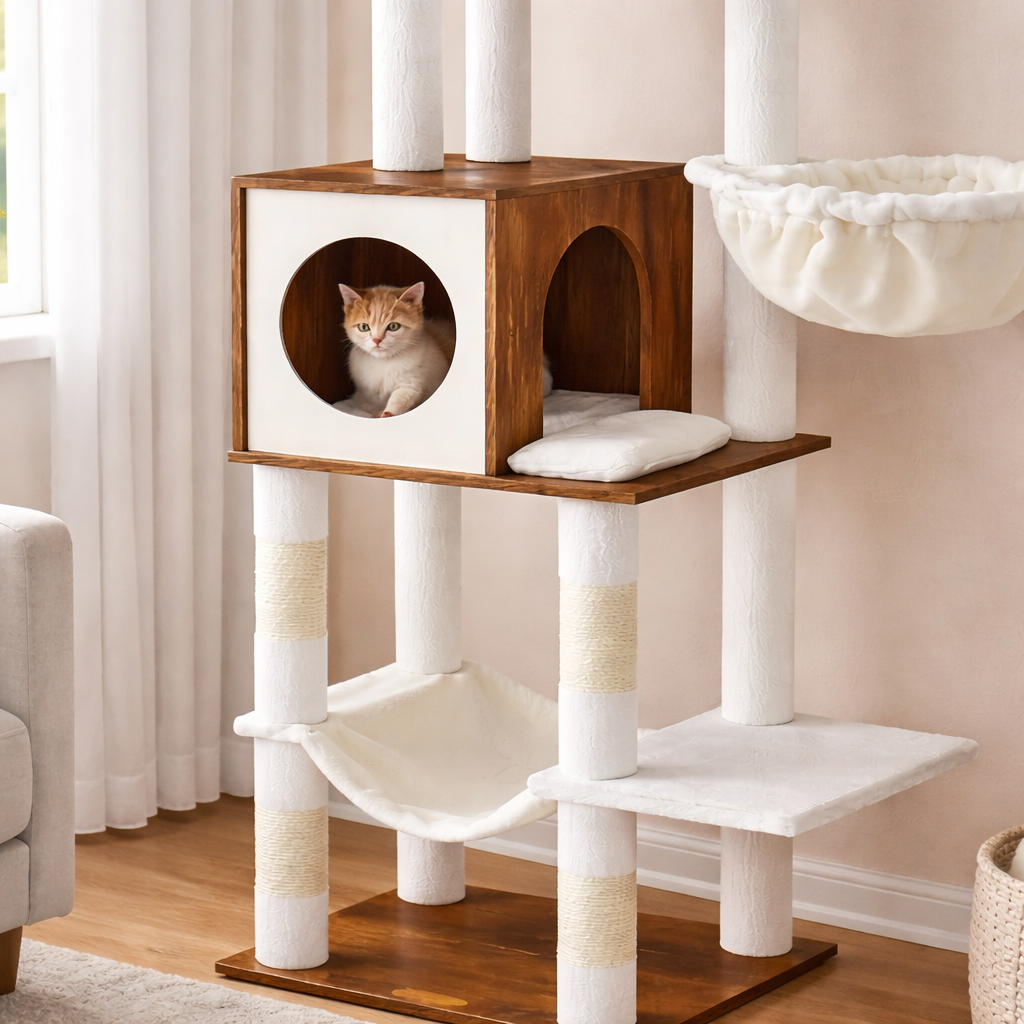 Arbre à chat multi-niveaux 165 cm avec niche, hamac et panier suspendu