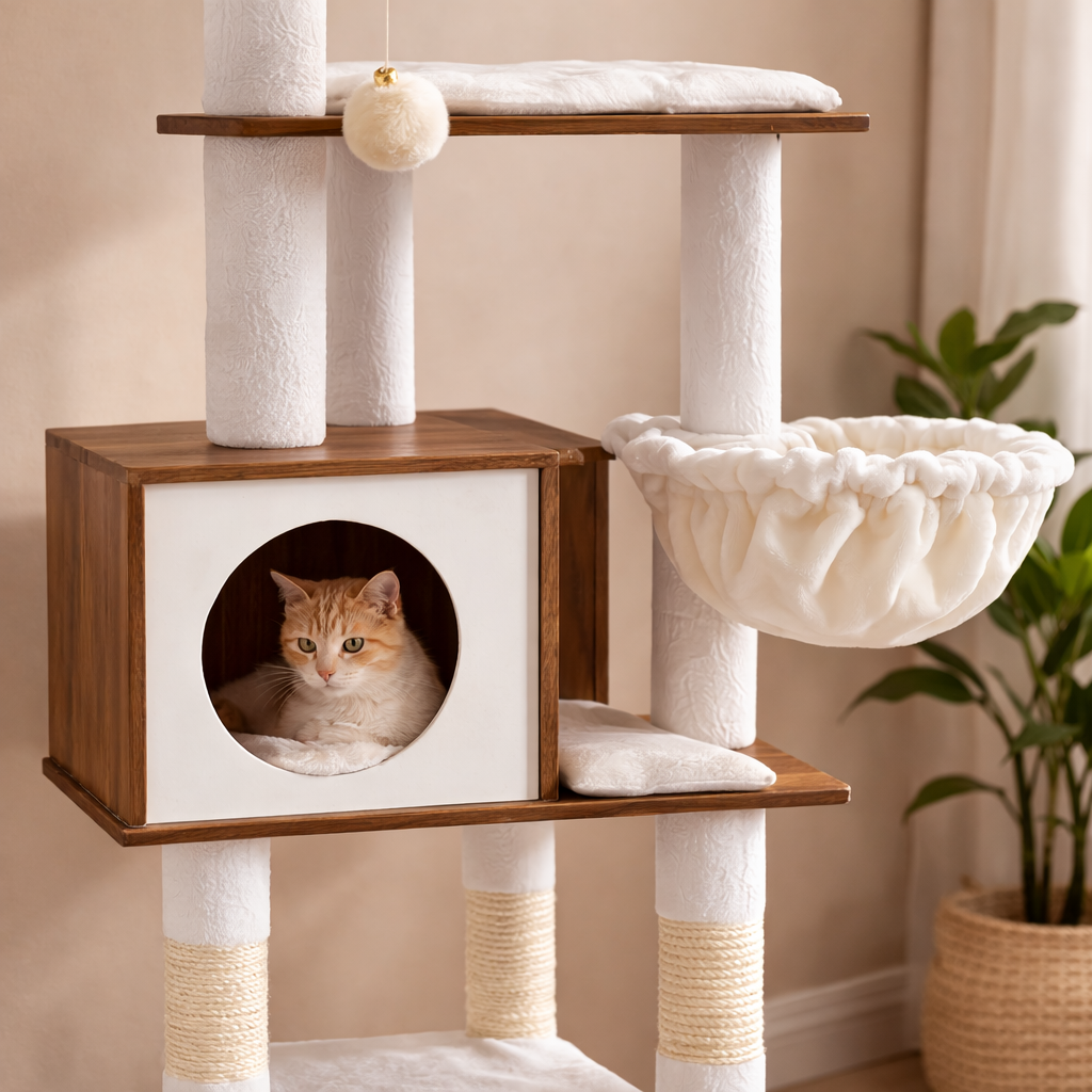 Arbre à chat multi-niveaux 165 cm avec niche, hamac et panier suspendu