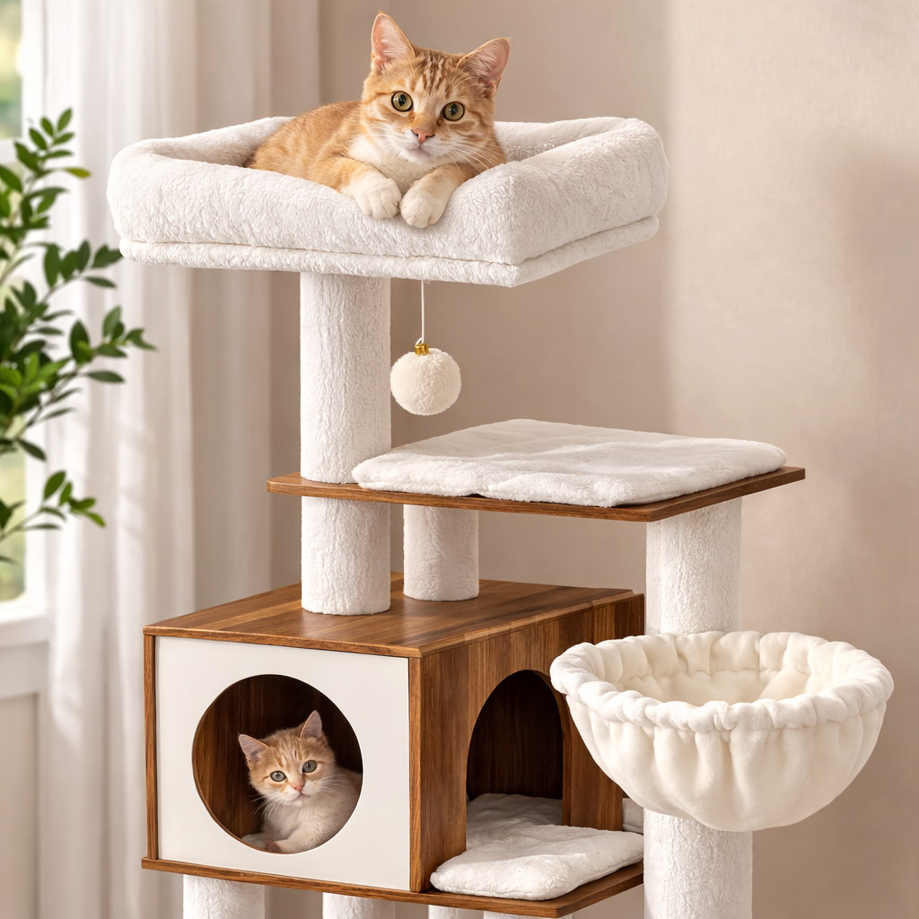 Arbre à chat multi-niveaux 165 cm avec niche, hamac et panier suspendu