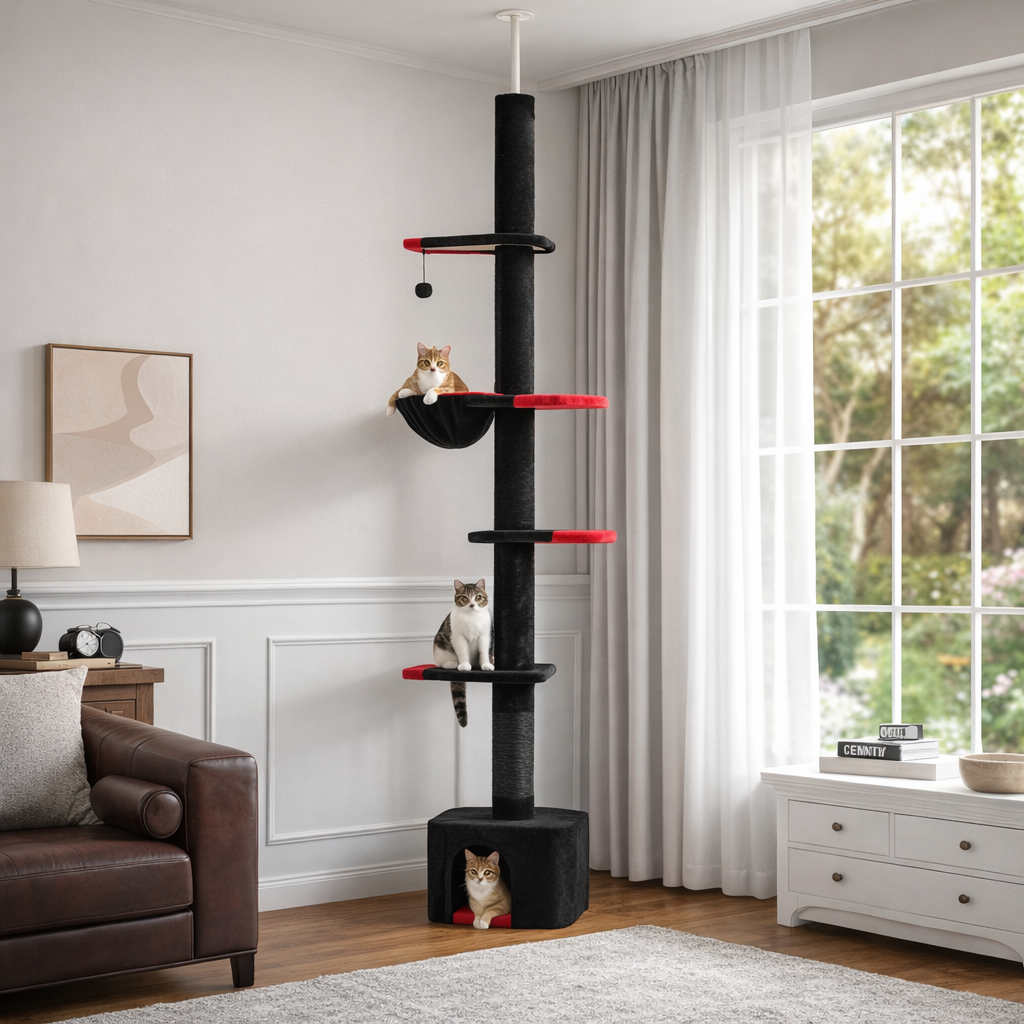Arbre à chat réglable du sol au plafond avec plateformes, niche et hamac