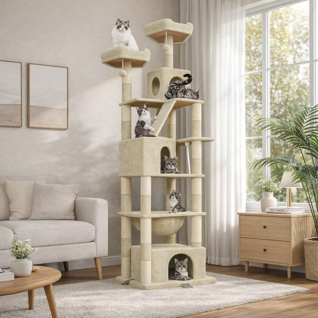 Arbre à chat multi-niveaux 208 cm avec niches, hamac et plateformes