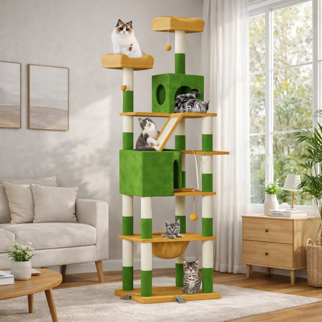 Arbre à chat multi-niveaux 208 cm avec niches, hamac et plateformes