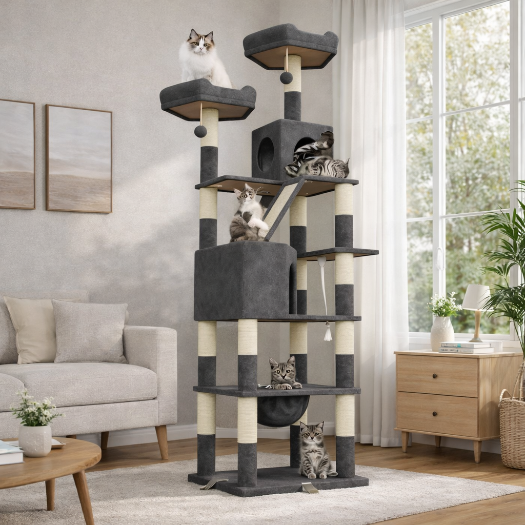Arbre à chat multi-niveaux 208 cm avec niches, hamac et plateformes