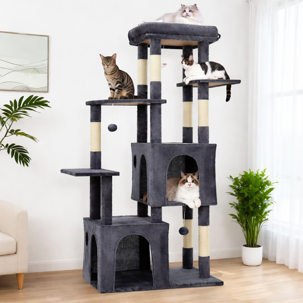 Arbre à chat multi-niveaux 155 cm avec niches, plateformes et jouets suspendus