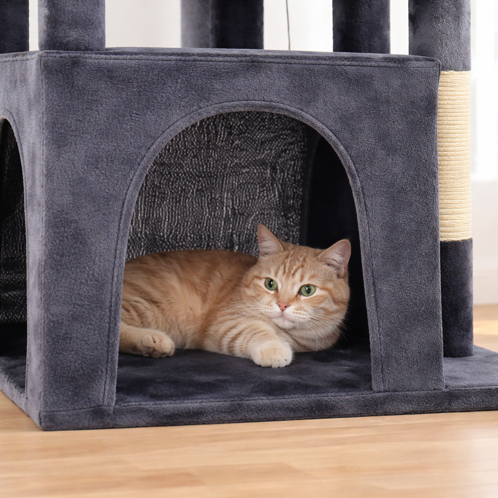 Arbre à chat multi-niveaux 155 cm avec niches, plateformes et jouets suspendus