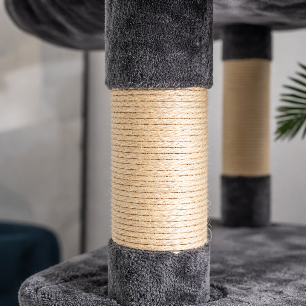 Arbre à chat réglable sol plafond 240–260 cm avec niches, plateformes et hamacs