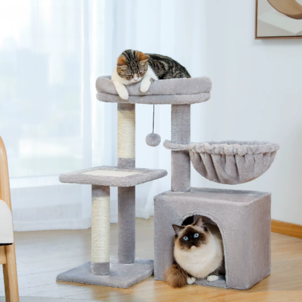 Arbre à chat 73 cm avec niche, hamac, plateforme et poteaux en sisal