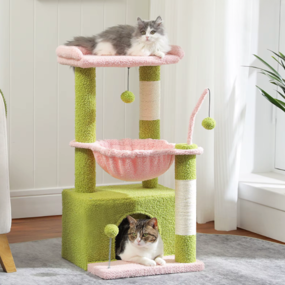 Arbre à chat 84 cm avec niche, hamac et poteaux en sisal