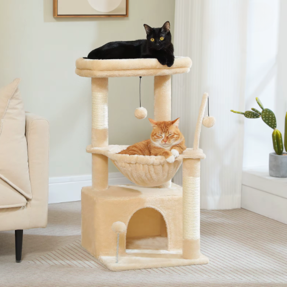 Arbre à chat 84 cm avec niche, hamac et poteaux en sisal