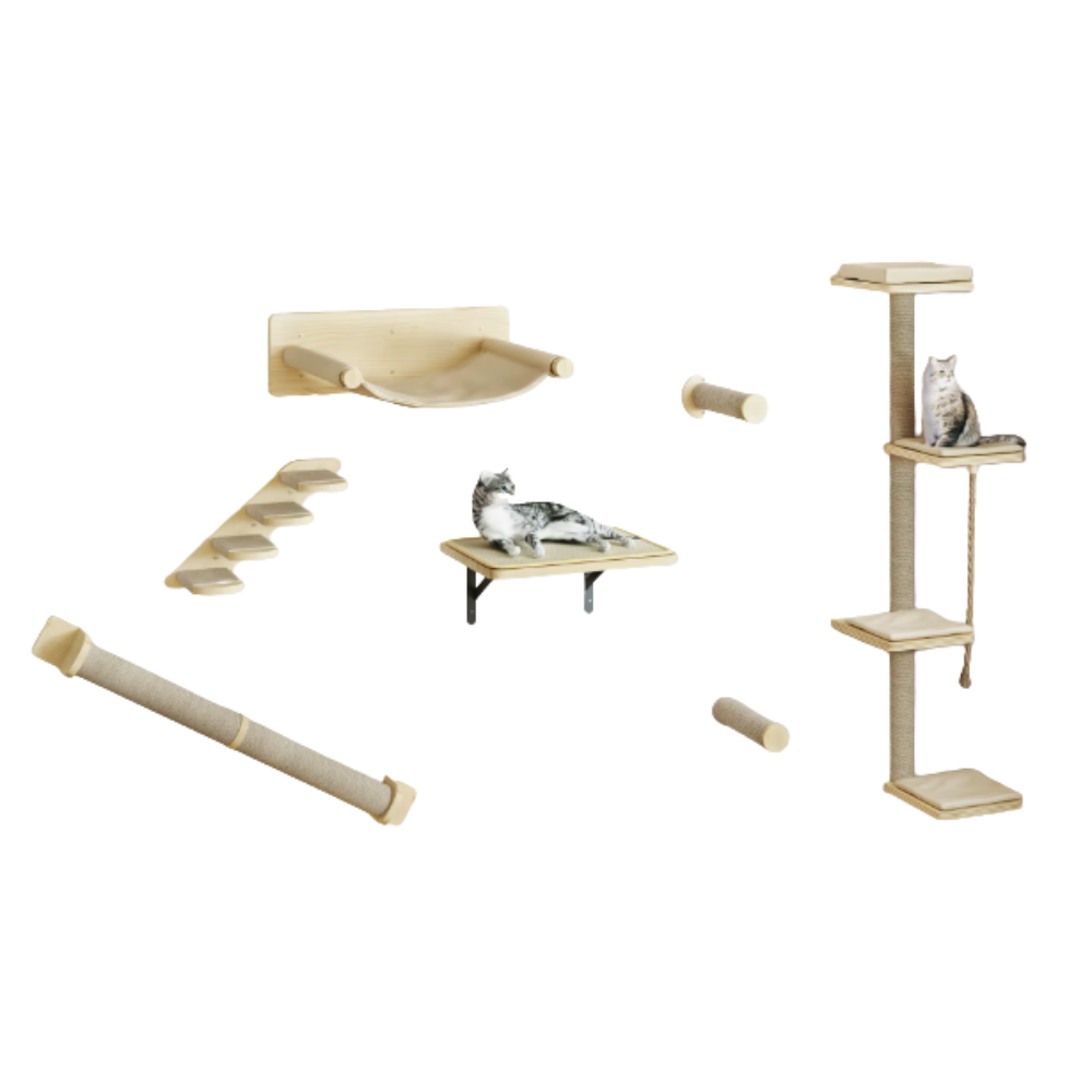 Ensemble mural pour chat en bois avec plateformes, hamac, marches et griffoirs