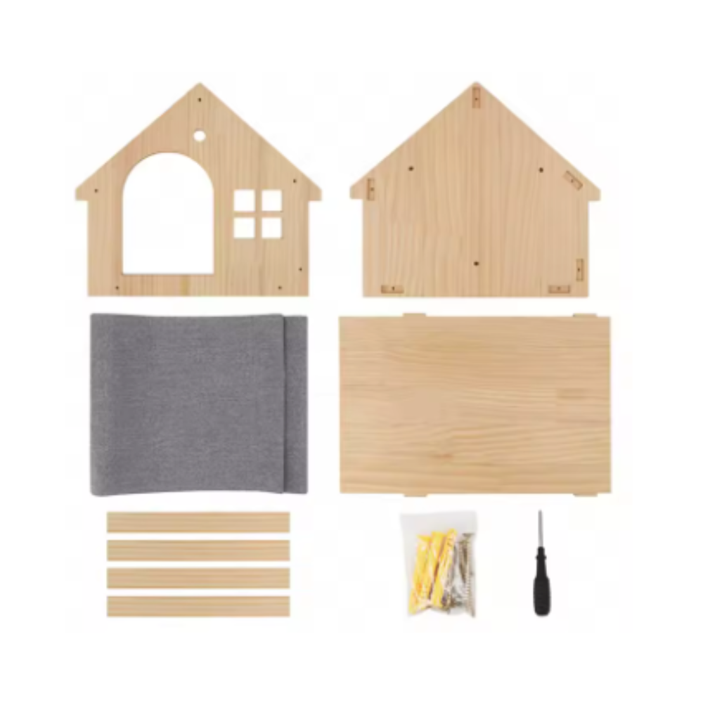 Parcours mural pour chat avec niches en bois, plateformes et pont suspendu