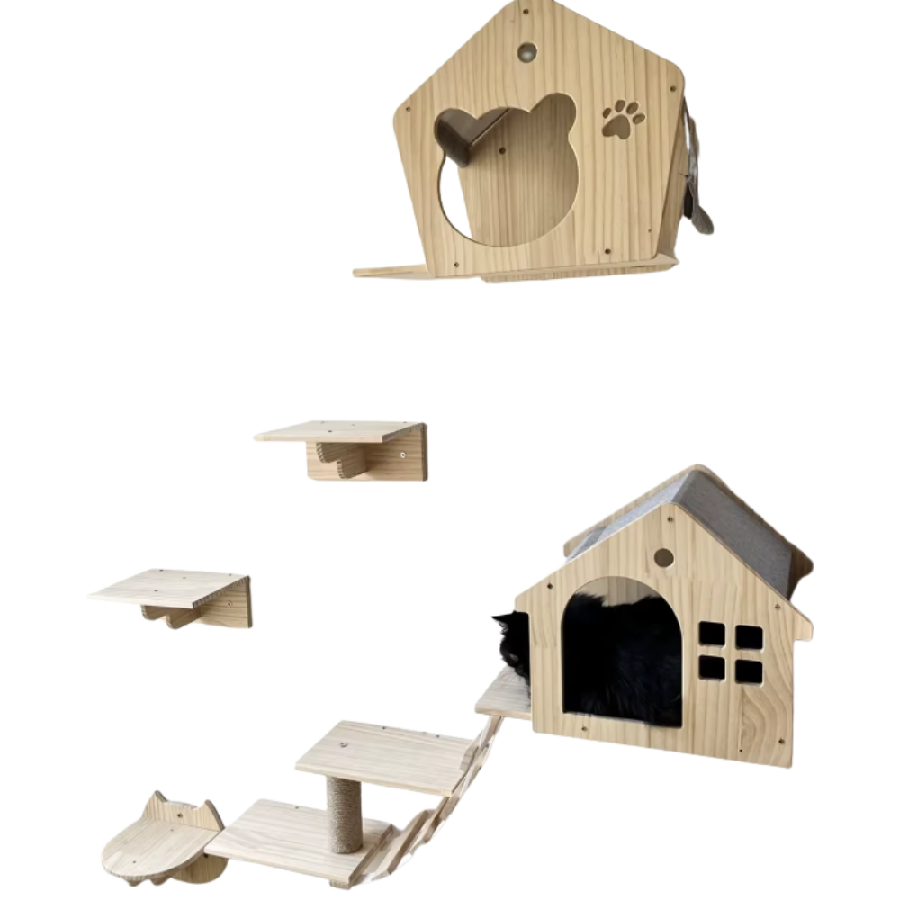 Parcours mural pour chat avec niches en bois, plateformes et pont suspendu