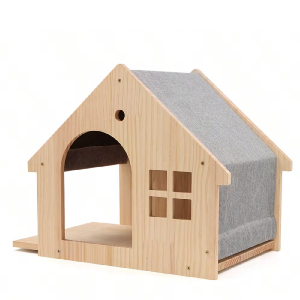 Parcours mural pour chat avec niches en bois, plateformes et pont suspendu
