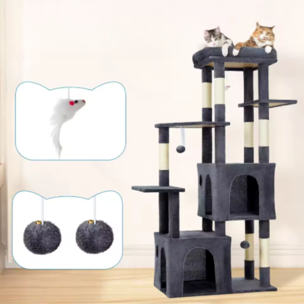 Arbre à chat multi-niveaux 155 cm avec niches, plateformes et jouets suspendus