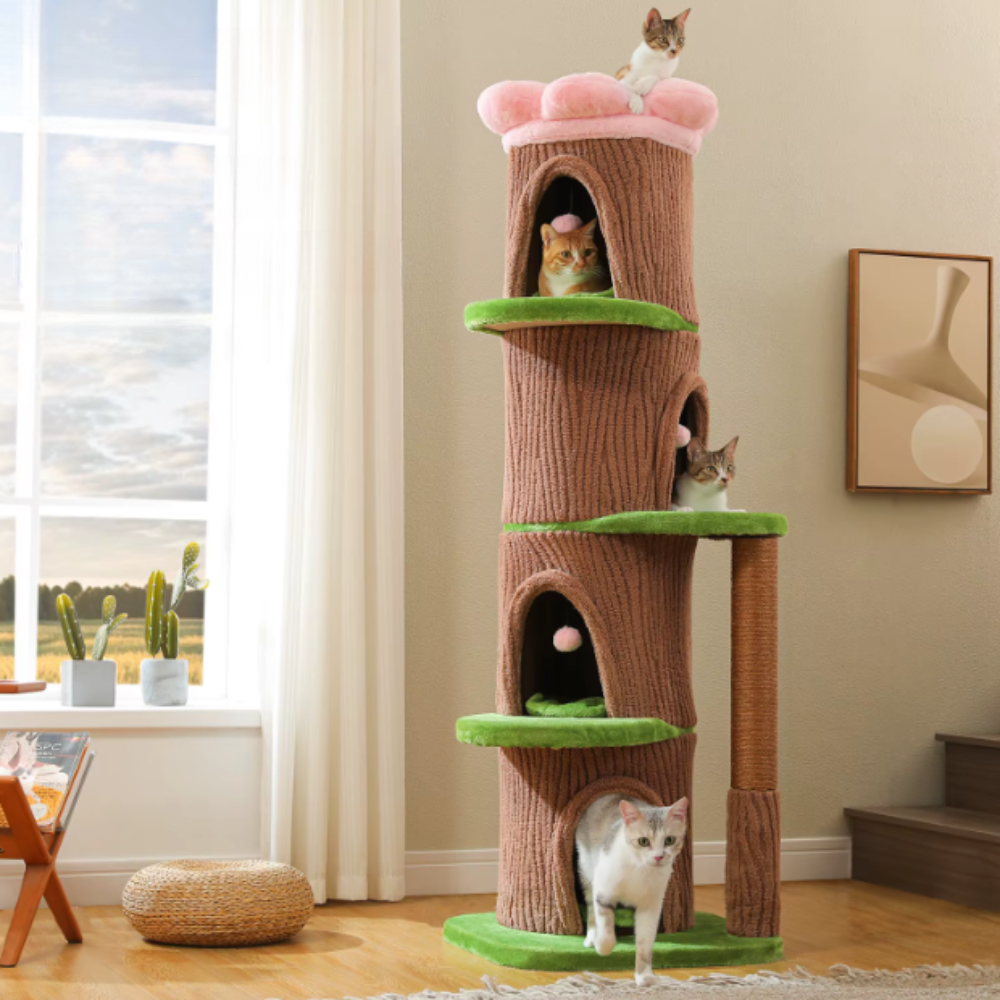 Arbre à chat multi-niveaux style tronc avec niches et plateformes
