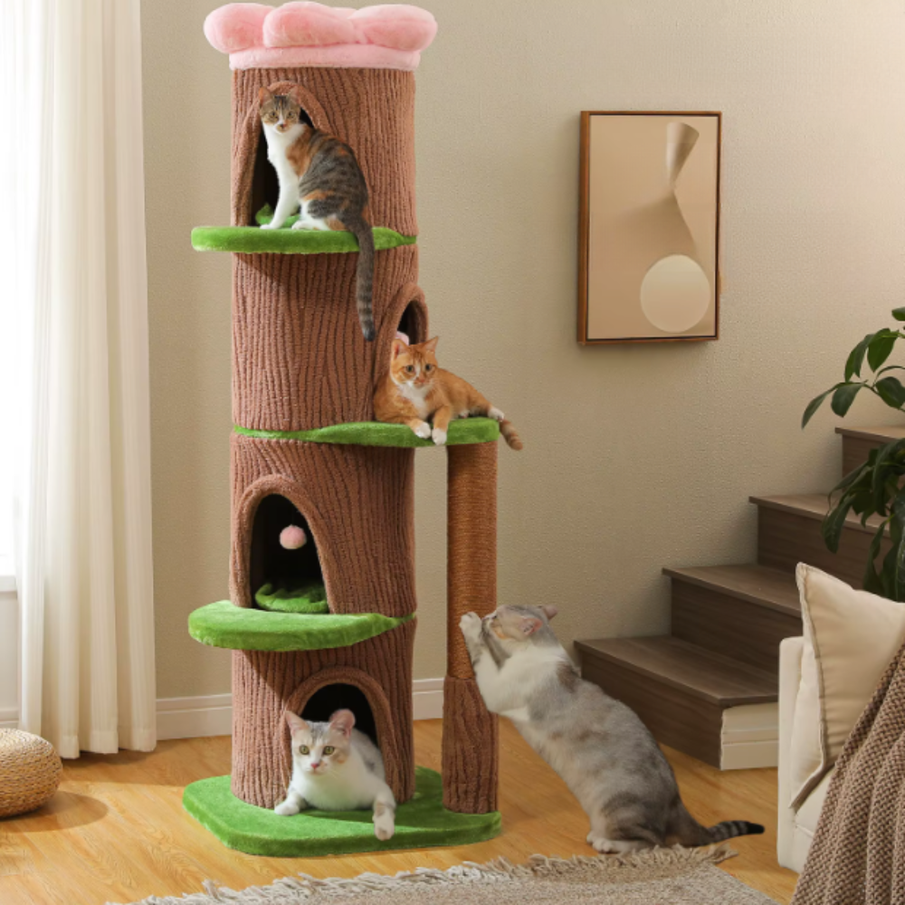 Arbre à chat multi-niveaux style tronc avec niches et plateformes