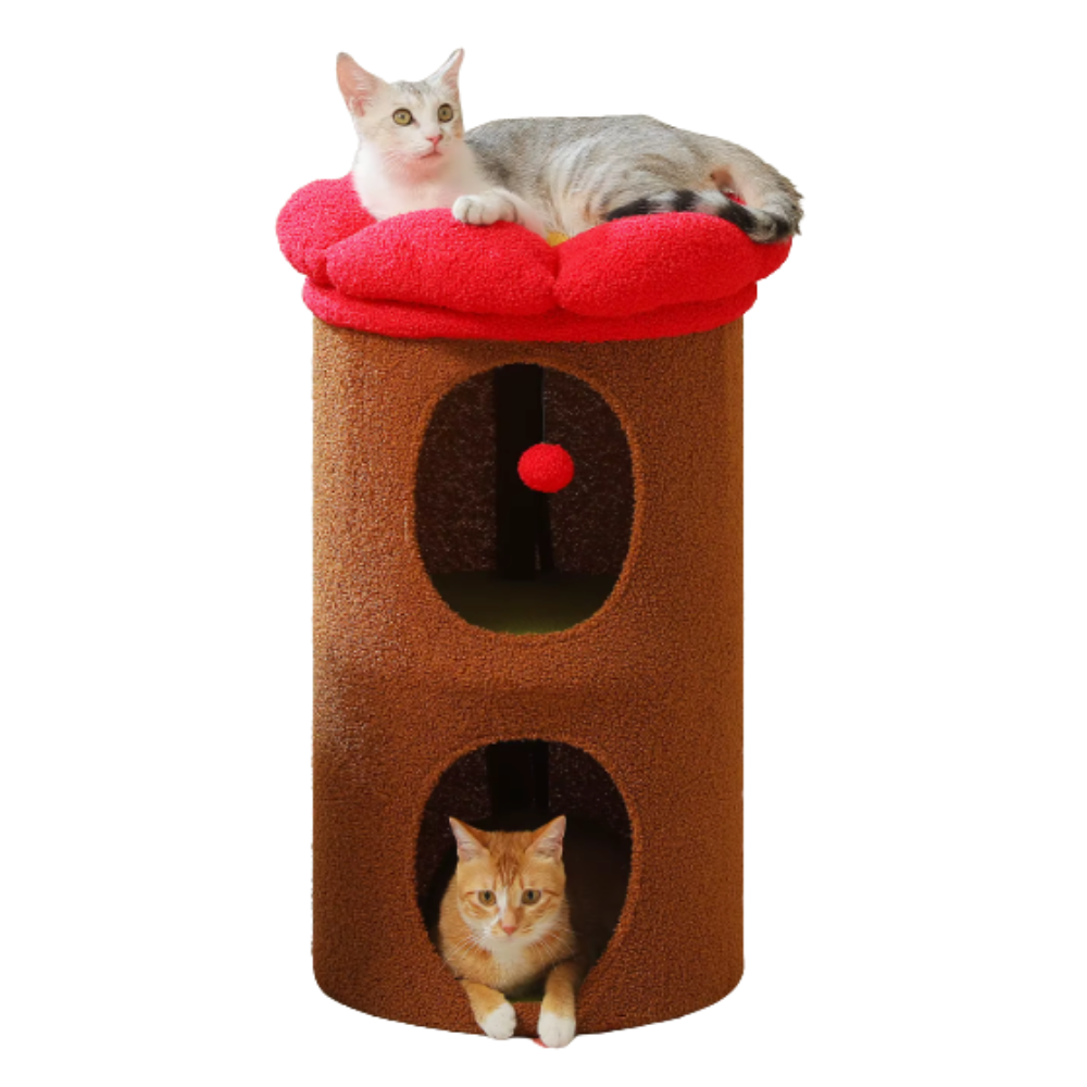 Maison pour chat cylindrique 2 niveaux avec plateforme fleur