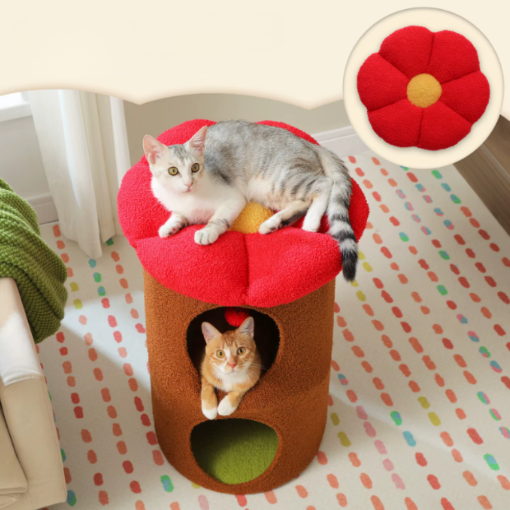 Maison pour chat cylindrique 2 niveaux avec plateforme fleur