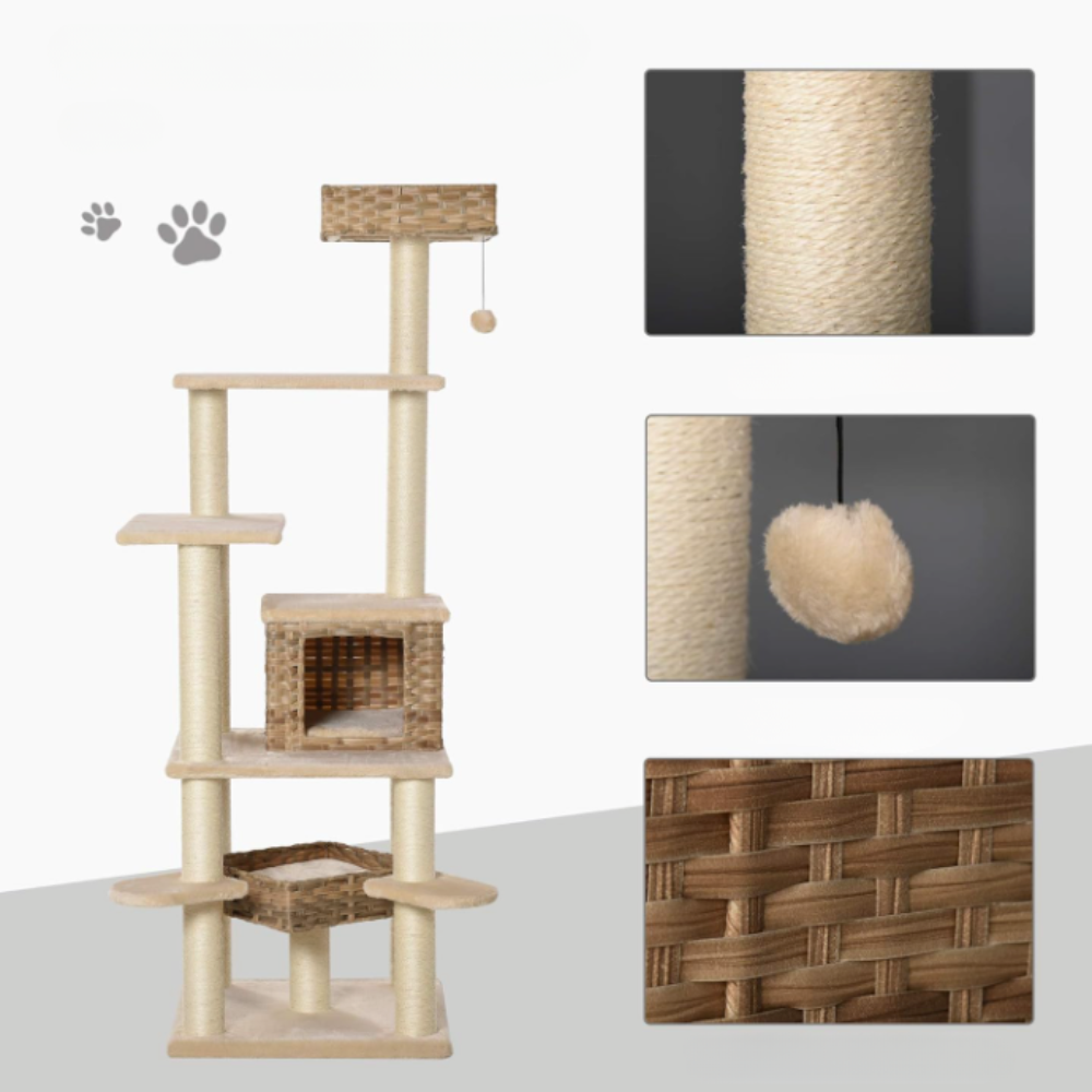 Arbre à chat 174 cm avec niche, plateformes et poteaux sisal