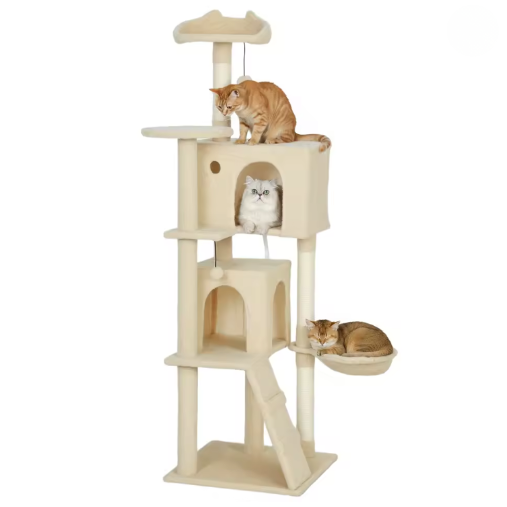 Arbre à chat multi-niveaux avec niches, rampe et hamac – 160 cm