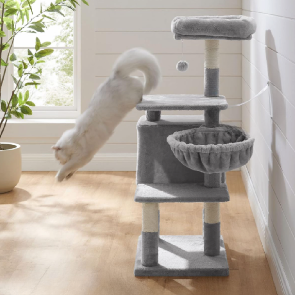 Arbre à chat multi-niveaux avec niche, hamac et plateformes – 110 cm