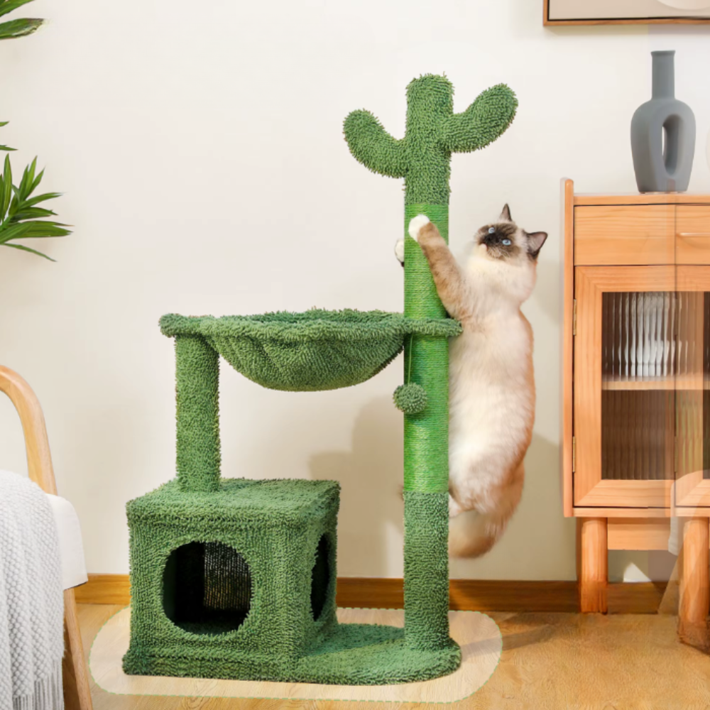 Arbre à chat cactus avec hamac, niche et poteaux sisal – 102 cm
