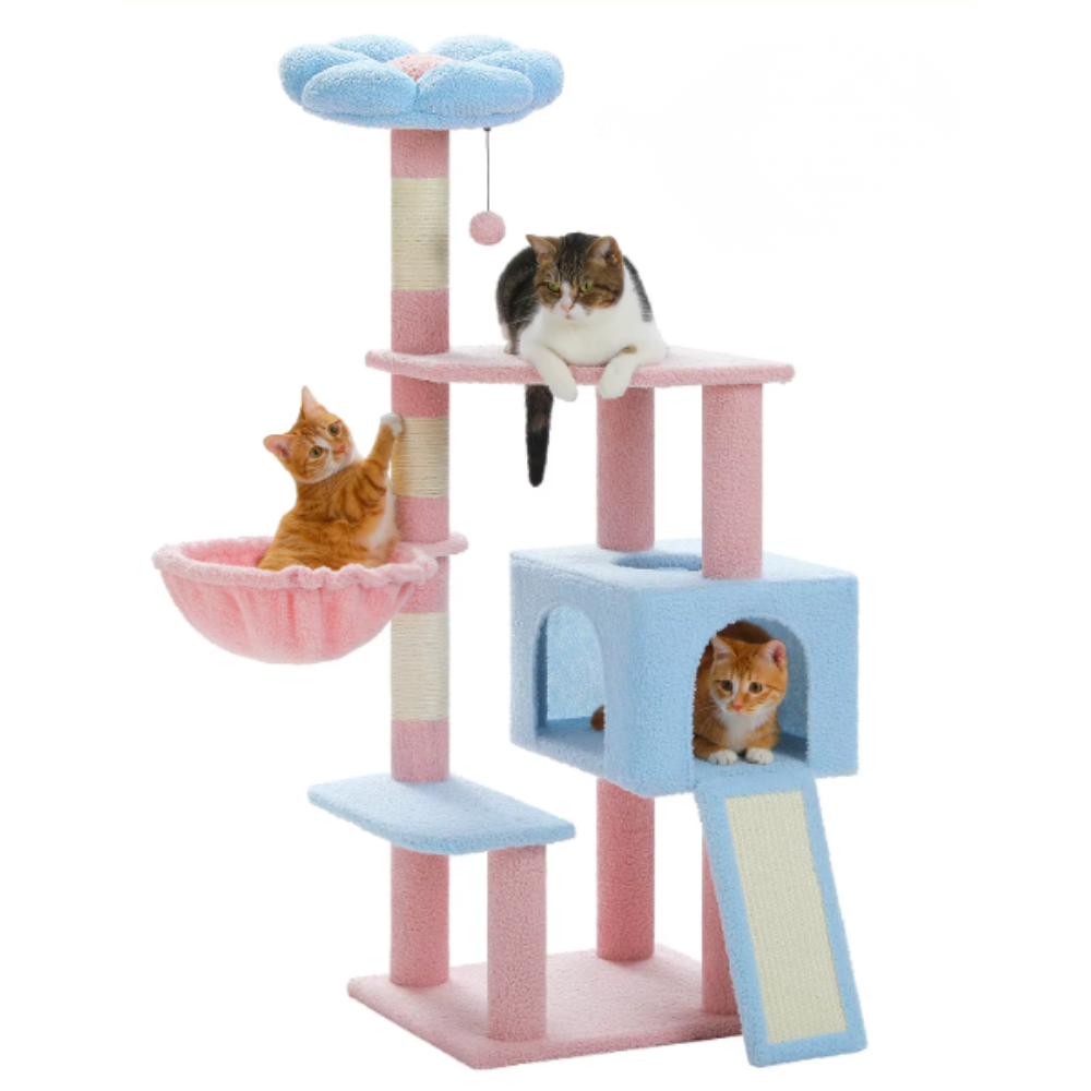 Arbre à chat multi-niveaux avec hamac, niche et rampe sisal – 120 cm