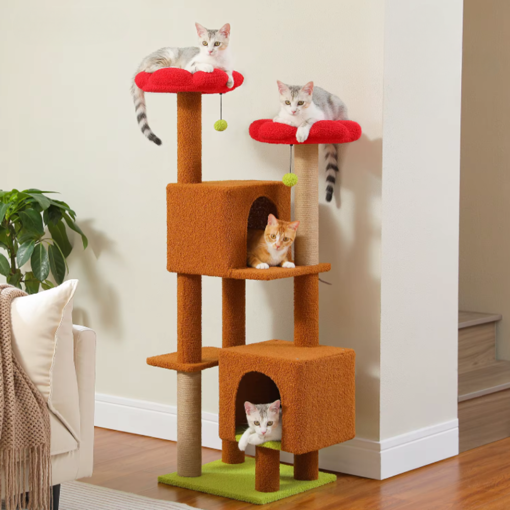 Arbre à chat multi-niveaux avec niches et plateformes fleur – 133 cm
