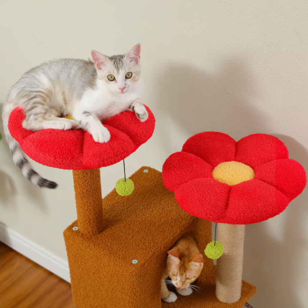 Arbre à chat multi-niveaux avec niches et plateformes fleur – 133 cm