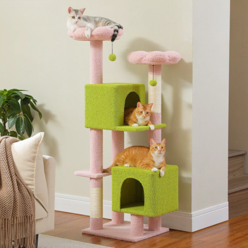 Arbre à chat multi-niveaux avec niches et plateformes fleur – 133 cm