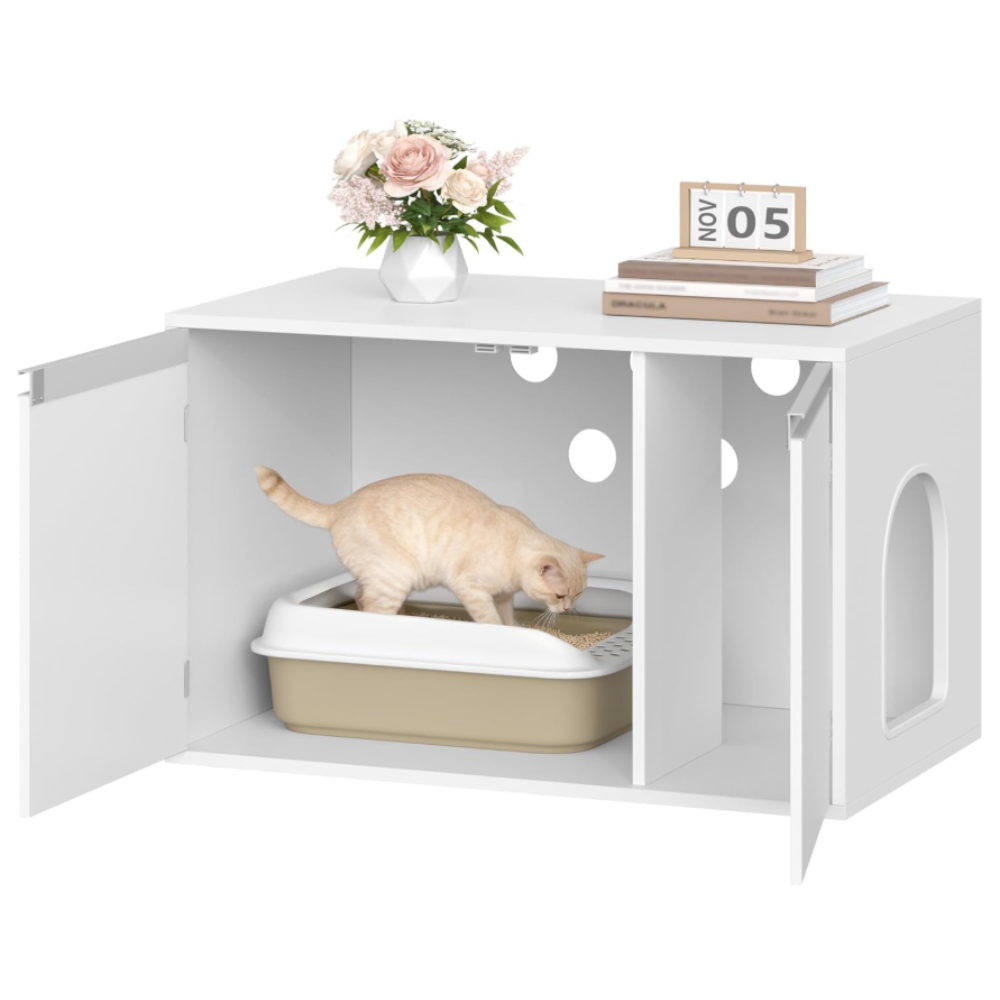 Meuble litière pour chat avec entrée latérale et séparation 80 cm