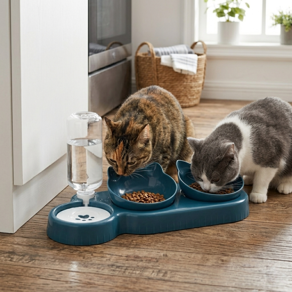 Distributeur de croquettes pour chat avec réservoir d’eau et double bol