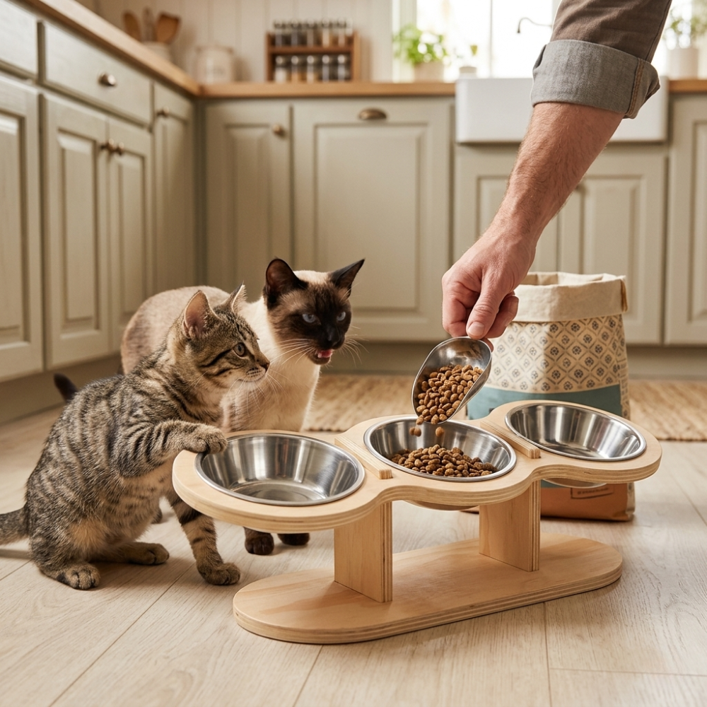 Support gamelle chat hauteur 12,5 cm avec 3 bols inox