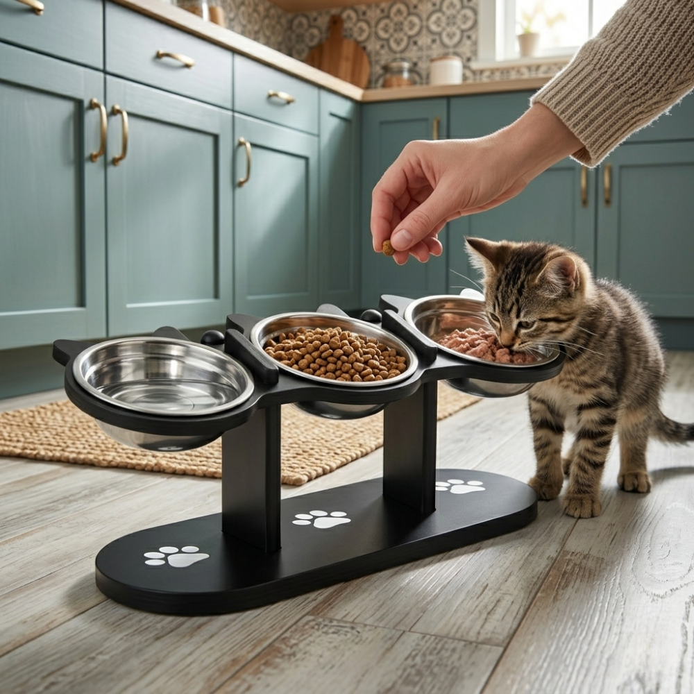 Support gamelle chat réglable avec 3 bols inox