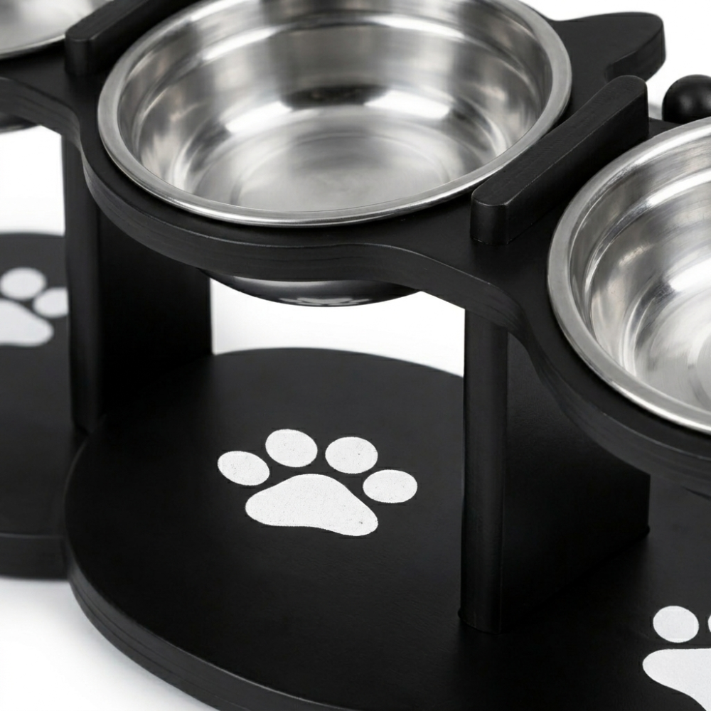 Support gamelle chat réglable avec 3 bols inox