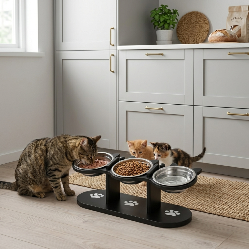 Support gamelle chat réglable avec 3 bols inox