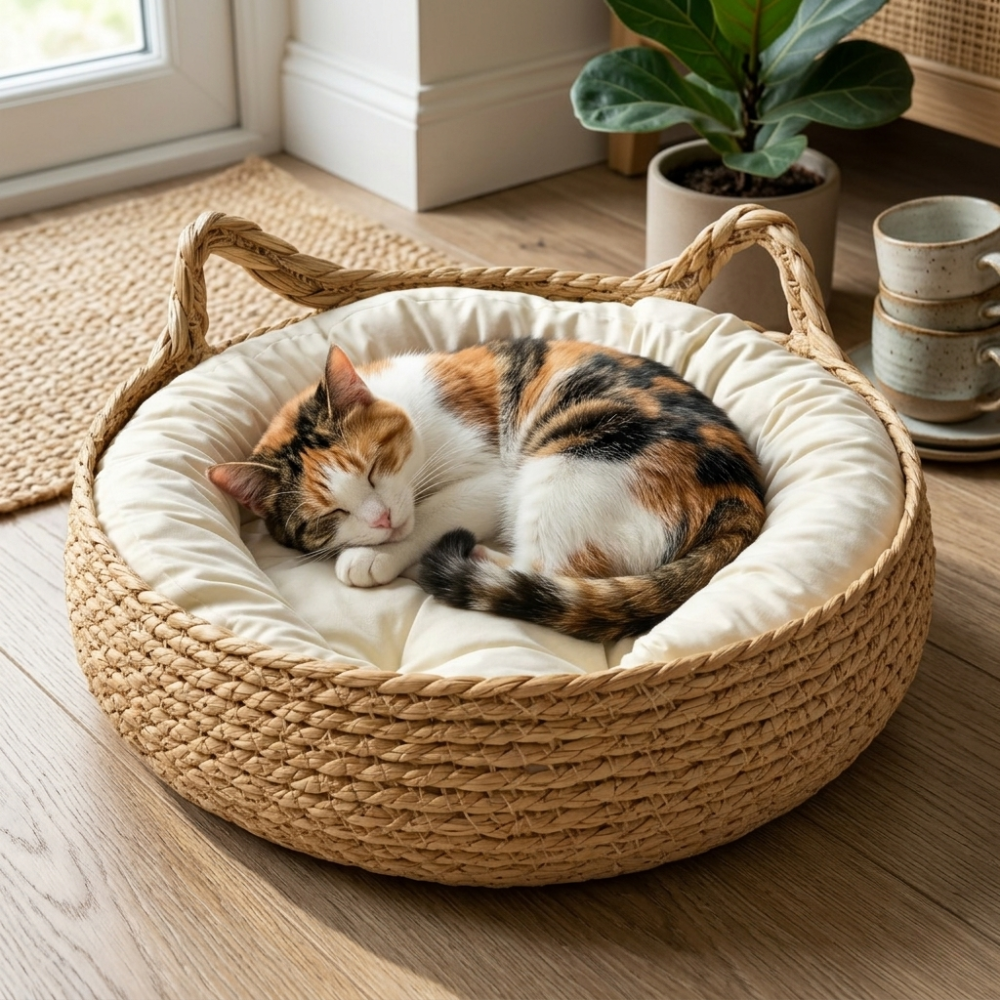 Panier rond en fibres tressées pour chat avec coussin amovible 46 cm