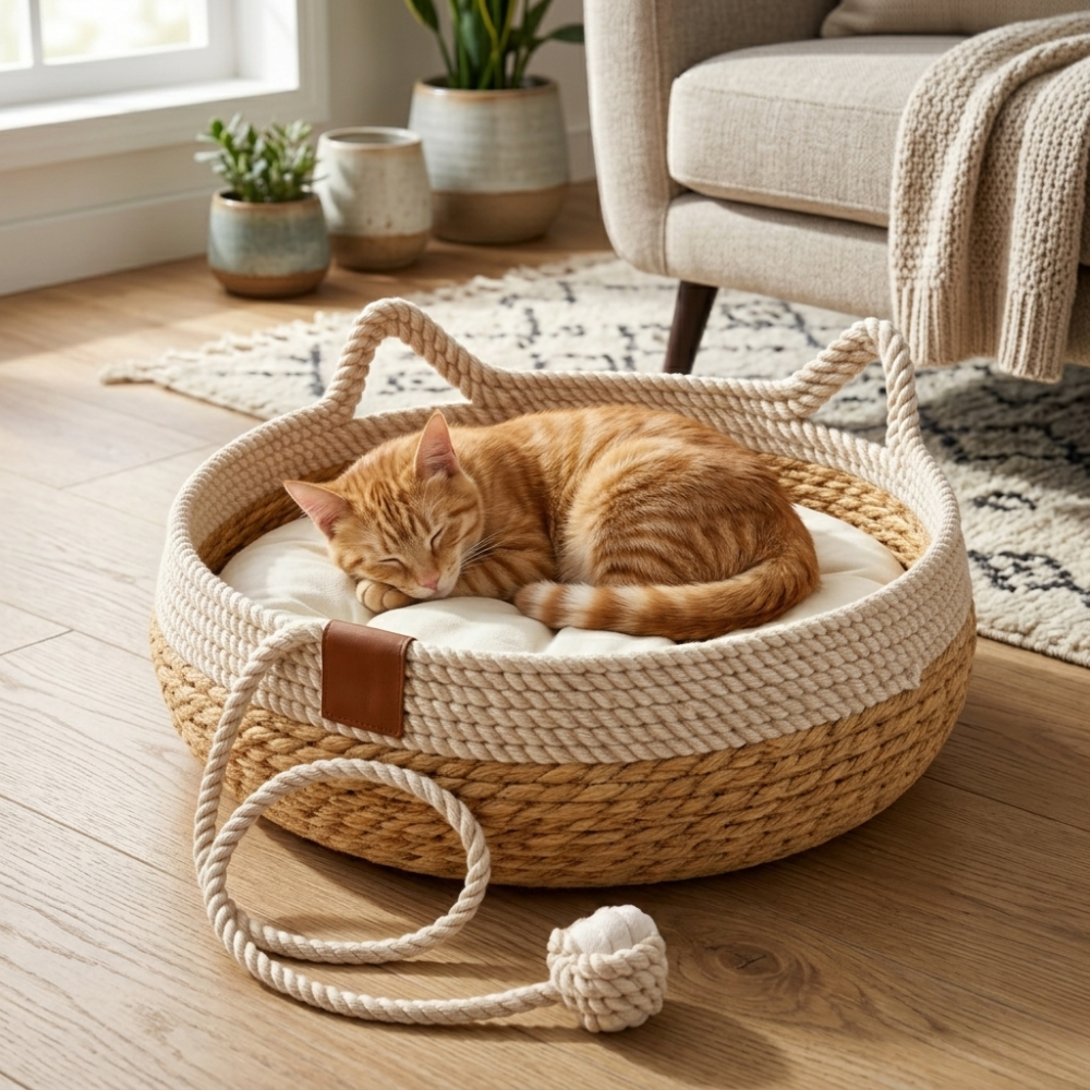 Panier rond en corde tressée pour chat avec coussin amovible
