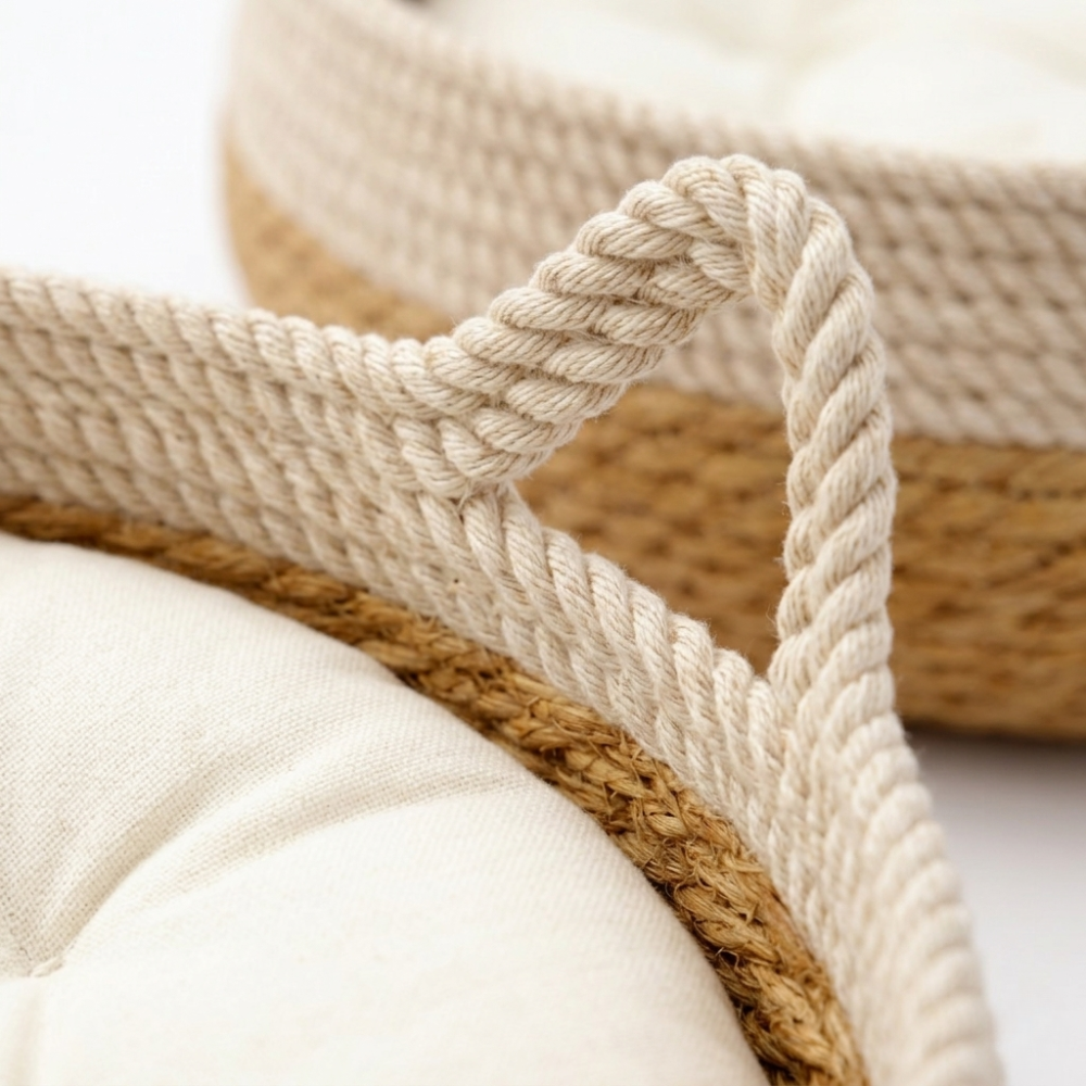 Panier rond en corde tressée pour chat avec coussin amovible