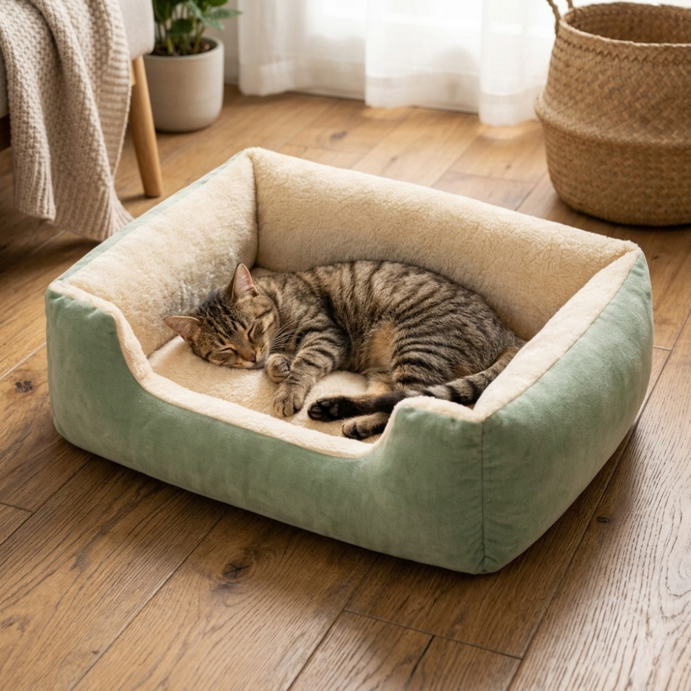 Panier rectangulaire en peluche pour chat avec rebords surélevés