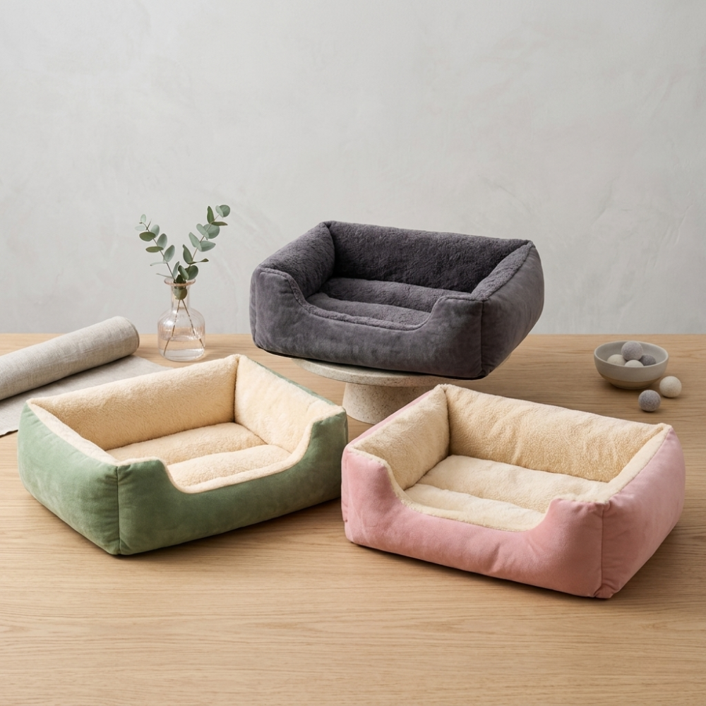 Panier rectangulaire en peluche pour chat avec rebords surélevés