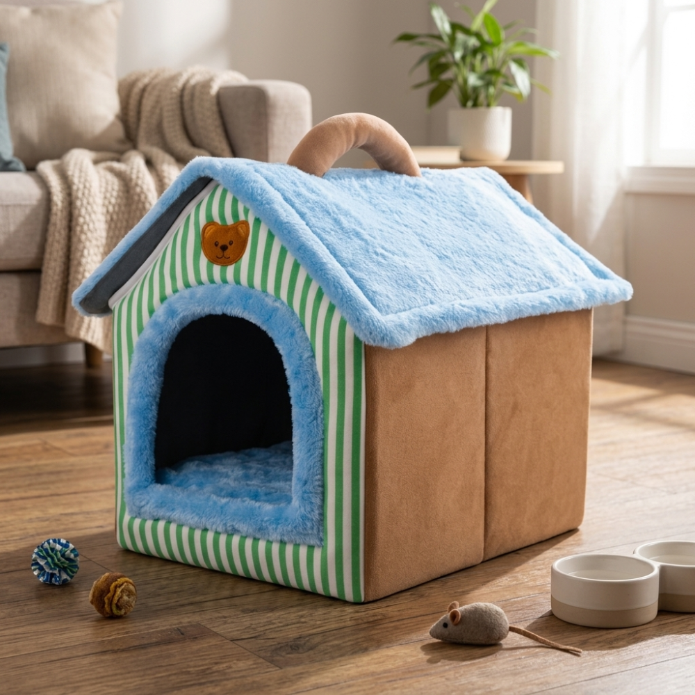 Niche Intérieure pour Chat en Tissu avec Coussin Amovible et Forme de maison